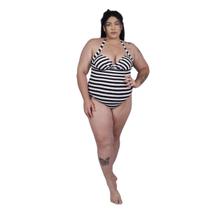 Maiô Body Plus Size Frente Única com Bojo e Alças Finas Preto e Branco
