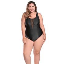 Maiô Body Plus Size Tradicional com Detalhe em Tule no Decote Preto Maiô Body Plus Size Tradicional com Detalhe em Tule no Decote Preto