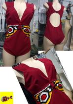 Maiô Carol - Plus Size, Tecido Afro/Algodão, com alça larga, gancho e decote em V nas costas