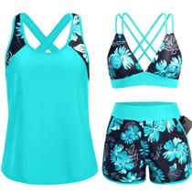 Maiô Daci Tankini 3 Peças Azul Floral com Controle de Barriga
