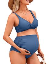 Maiô de maternidade Charmo, duas peças, cintura alta, decote em V, azul Maiô de maternidade Charmo, duas peças, cintura alta, decote em V, azul