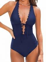 Maiô de peça única CUPSHE Halter com decote em V profundo, azul marinho Maiô de peça única CUPSHE Halter com decote em V profundo, azul marinho