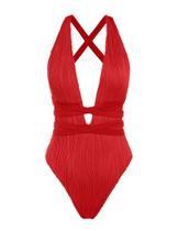 Maiô de peça única ZAFUL Deep V com decote em V vermelho canelado para mulheres