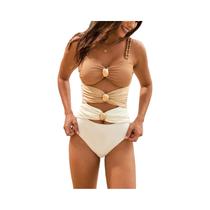 Maiô De Uma Peça Com Fivela Dourada E Bloco De Cores, Conjunto De Biquíni Modelador Para Praia