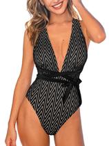 Maiô de uma peça CUPSHE Sexy Deep com decote em V listrado preto