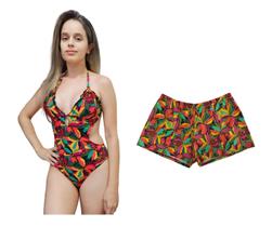 Maiô engana mamãe ripple calcinha levanta bumbum bojo removível + short praia