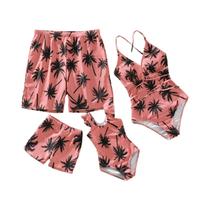 Maiô Familiar Com Estampa De Coqueiro Rosa, Peça Única Com Alça Espaguete E Shorts De Banho