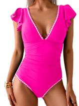 Maiô feminino Aidonger, peça única, babado, decote em V, rosa choque Maiô feminino Aidonger, peça única, babado, decote em V, rosa choque