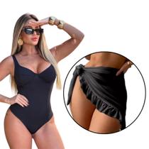 Maio feminino body blogueira minimalista sem bojo + Saia Pareô Curta Saída Praia Envelope
