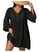 Maiô feminino Cover Up WDIRARA, tamanho grande, boho, com decote em V, preto