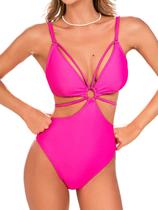 Maiô feminino CUPSHE Monokini com decote em V com recorte em S rosa choque Maiô feminino CUPSHE Monokini com decote em V com recorte em S rosa choque