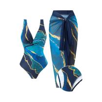 Maiô Feminino De 2 Peças Com Decote Em V, Maiô De Alta Elasticidade Com Saia De Cobertura Sarong