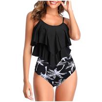 Maiô feminino de cintura alta de duas peças com babados e parte inferior franzida