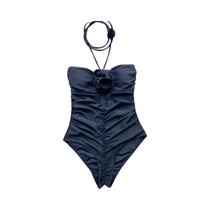 Maiô Feminino Preto Sexy Com Flores 3D, Monokini De Uma Peça Com Ombros Descobertos E Recortes