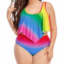 Maiô feminino sexy com estampa arco-íris dividida gradiente plus size babados