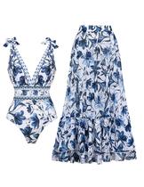 Maiô FLAXMAKER Azul e Branco com Decote em V e Saia Conjunto Maiô FLAXMAKER Azul e Branco com Decote em V e Saia Conjunto
