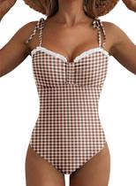 Maiô Herseas de Corte Alto, Peça Única, Gingham Marrom Maiô Herseas de Corte Alto, Peça Única, Gingham Marrom