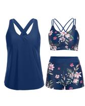 Maiô Holipick Tankini 3 Peças Azul Floral com Controle de Barriga