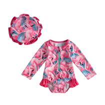 Maiô Infantil Com Estampa De Flor De Flamingo Para Meninas, Roupa De Banho De Verão Com Manga