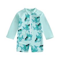 Maiô Infantil Com Estampa De Tubarão Para Meninos, Roupa De Banho De Manga Comprida Com Zíper E Boné