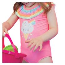 Maiô Infantil Feminino Kukiê em Malha UV 50+ Rosa Neon 7554