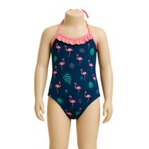 Maiô Infantil Flamingo Azul Marinho com Alça Rosa e Babado Maiô Infantil Flamingo Azul Marinho com Alça Rosa e Babado