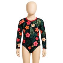 Maiô Infantil Manga Longa Estampado Floral Tropical Proteção