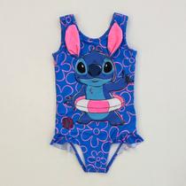 Maiô Infantil Menina Anime Azul Stitch Verão Moda Praia