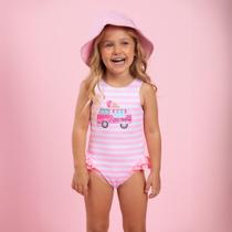 Maiô Infantil Regata Listrado Rosa com Babados e Proteção UV 50+