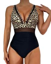 Maiô liso com estampa de onça e detalhes no tule