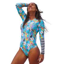 Maiô Lycra Adulto Cavado Manga Longa UV50+ Floral Praia Surf