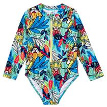 Maiô Manga Longa Infantil Onça Tropical Verde Água Tip Top