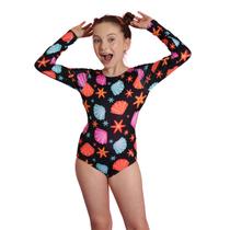 Maiô Manga Longa Infantil Proteção UV Conchas Preto Everly