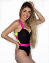 Maiô Meia Taça Com Bojo Fixo E Aro Preto Com Rosa Pink E Amarelo Neon Maiô Meia Taça Com Bojo Fixo E Aro Preto Com Rosa Pink E Amarelo Neon