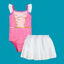 Maiô Menina Praia Piscina BGR em Malha Splash Saia Tule Rosa