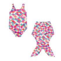 Maiô Menina + Saia Cauda Sereia Fantasia Proteção Solar Uv