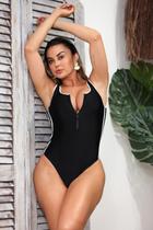 Maiô Natação Hidroginástica Com Zíper Frontal e Listras Para Mulheres Roupa de Banho em Poliamida Preto com Branco