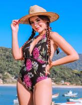 Maiô Preto Decotado Com Estampa Floral Frente Única