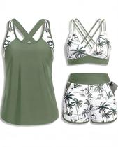 Maiô tankini feminino Daci de 3 peças com estampa de palmeiras verdes Maiô tankini feminino Daci de 3 peças com estampa de palmeiras verdes