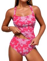 Maiô Tankini Feminino ZAFUL com Franzido e Controle de Barriga Vermelho Rosado Maiô Tankini Feminino ZAFUL com Franzido e Controle de Barriga Vermelho Rosado