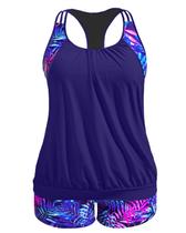 Maiô Tankini Holipick Blue Purple Leaves Plus Size para mulher Maiô Tankini Holipick Blue Purple Leaves Plus Size para mulher