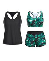 Maiô Tankini Yonique, 3 peças, atlético para mulheres, preto/verde