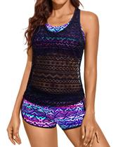Maiô Tankini Yonique, 3 peças, atlético para mulheres, roxo L