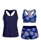Maiô Tankini Yonique de 3 peças para mulheres com shorts S Blue
