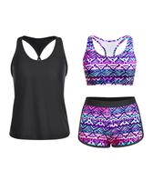 Maiô Tankini Yonique de 3 peças para mulheres com shorts XXL