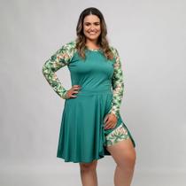 Maiô Vestido Plus Size Feminino Manga Longa Raglan Estampado + Short Separado Moda Praia Evangélica