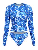 Maiô ZAFUL 2 peças com manga longa e estampa floral azul