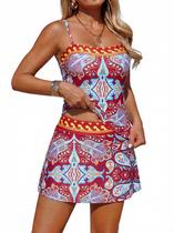 Maiô ZAFUL, camiseta tanquíni bandeau de 2 peças com saia vermelha para mulheres Maiô ZAFUL, camiseta tanquíni bandeau de 2 peças com saia vermelha para mulheres