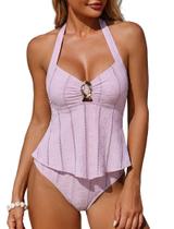 Maiô ZAFUL Tankini Frente Única com Renda e Argola em O, Duas Peças