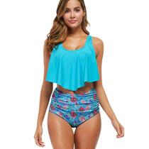 Maiôs para mulheres Fatos de banho de duas peças Top de banho com babados duplos Calcinha de cintura alta Biquíni, azul claro, GG